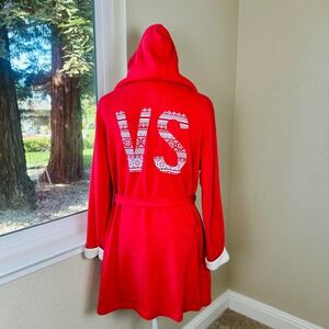Victoria's Secret XS/S Red Hooded Plush Sherpa‎ Trimmed Bath Robe VS Logo Cozy